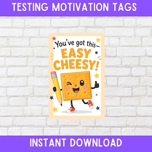 Könnte beinhalten: Ein rechteckiges Motivationsschild mit dem Text "You've got this - EASY CHEESY!" zeigt einen Cartoon-Cracker-Charakter, der einen Bleistift hält. Das Schild ist mit Sternen verziert und die Worte "INSTANT DOWNLOAD" stehen unten.