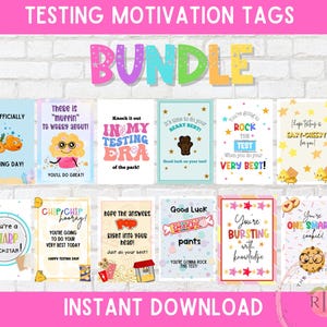 May include: A bundle of 10 printable motivational tags for testing, featuring colorful backgrounds and encouraging messages like "You're a Sharp Rockstar!" and "It's Officially Testing Day!"