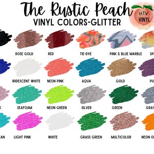 May include: A chart showing 20 different colors of glitter vinyl for crafting. The colors include black, rose gold, red, tie-dye, pink and blue marble, splatter, navy, iridescent white, neon pink, aqua, gold, purple, light pink, seafoam, neon green, silver, green, gray, Caribbean, light pink, white, grass green, multicolor, and neon orange.