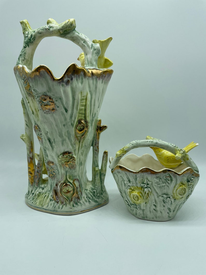 Vintage Ucagco Ceramics Yellow Bird Vase With Gold Detailing Made in