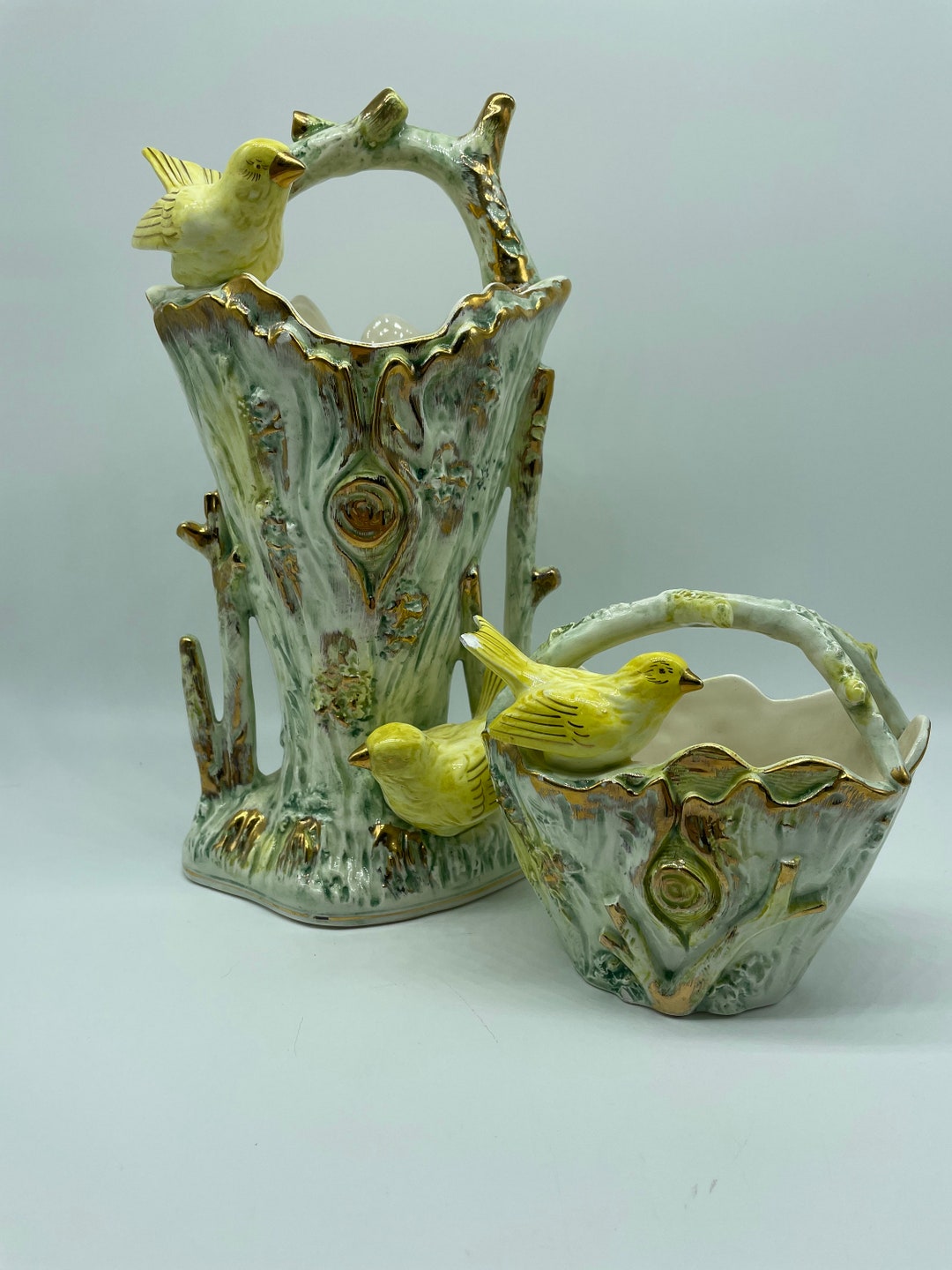 Vintage Ucagco Ceramics Yellow Bird Vase With Gold Detailing Made in