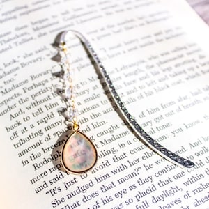 Opal Drop Cottagecore Crystal Pendant Metal Hook Bookmark with glass bead chain in Tibetan Silver, Antique Bronze, or Antique Gold