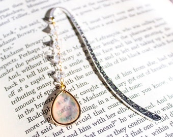 Opal Drop Cottagecore Crystal Pendant Metal Hook Bookmark with glass bead chain in Tibetan Silver, Antique Bronze, or Antique Gold