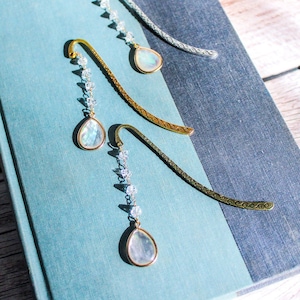 Opal Drop Cottagecore Crystal Pendant Metal Hook Bookmark with glass bead chain in Tibetan Silver, Antique Bronze, or Antique Gold image 2