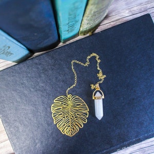 Large Monstera Leaf Raw Brass Chain bookmark with charm and white tassel and rhinestone OR a white or jade natural stone pendant