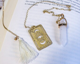 Tarot Card Gold Chain bookmark with charm and white tassel and rhinestone OR a white or jade natural stone pendant