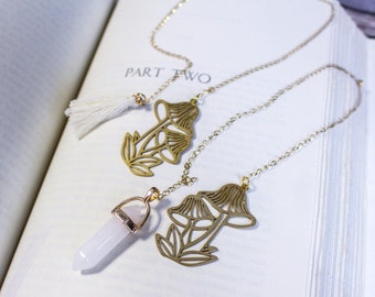 Magical Mushroom Charm Gold Chain bookmark with charm and tassel OR a white or jade natural stone pendant