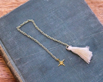 North Star celestial short gold Chain bookmark with charm and white tassel OR a crystal