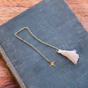 North Star celestial short gold Chain bookmark with charm and white tassel OR a crystal