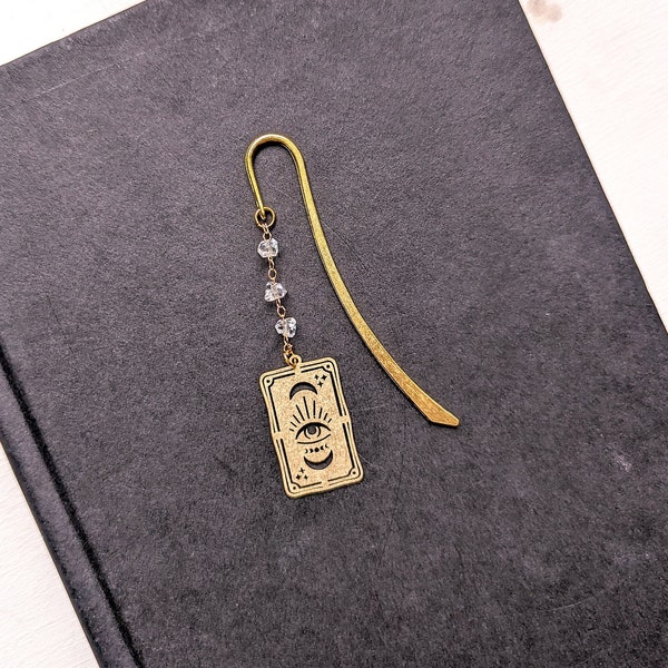 Gold tarot card Metal Hook Bookmark with glass bead chain, gold hook bohemian,  eye of Providence