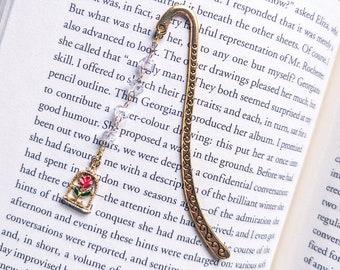 Enchanted Red Rose Cottagecore Pendant Gold Metal Hook Bookmark with glass bead chain, delicate fairycore flower