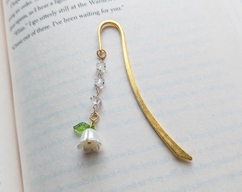 Pearl Bell Orchid Cottagecore Pendant Gold Metal Hook Bookmark with glass bead chain, delicate fairycore flower