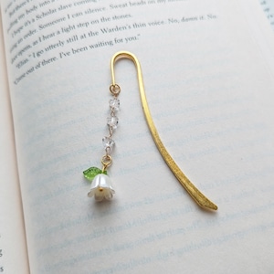 Pearl Bell Orchid Cottagecore Pendant Gold Metal Hook Bookmark with glass bead chain, delicate fairycore flower