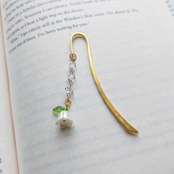 Pearl Bell Orchid Cottagecore Pendant Gold Metal Hook Bookmark with glass bead chain, delicate fairycore flower