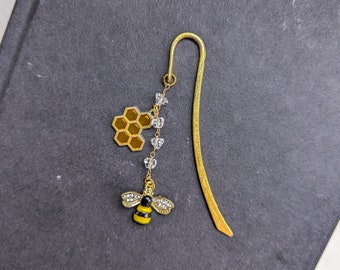 Bee and Honeycomb Enamel bookmarks, Fairycore, Cottagecore, Gold Metal Hook