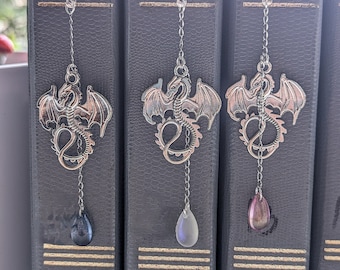 Silver flying Mother Dragon and Dragon Egg Metal Hook Bookmark with silver chain, epic high fantasy inspired bookmark