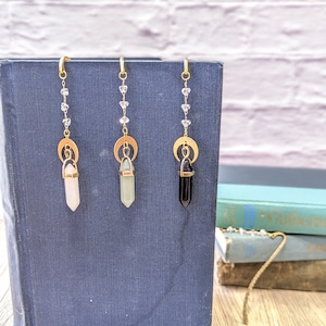Crescent moon and Crystal Pendant Metal Hook Bookmark with glass bead chain, gold hook bookmark, crystal moon bookmark