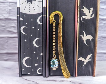 Gold Dragon Metal Hook Bookmark with fire crackle agate pendant, epic high fantasy inspired bookmark, dragon scales, bundle and save