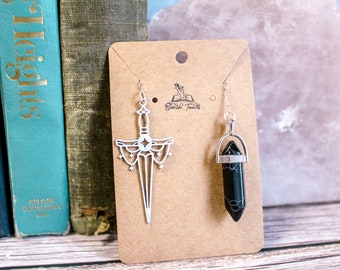 Fantasy High Fae Beautiful silver sword chain bookmark with charm and black onyx marble crystal pendulum pendant