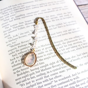 Antique gold  shepherd hook bookmark with glass beaded chain and opal pendant.