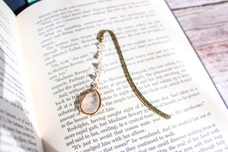 Antique gold  shepherd hook bookmark with glass beaded chain and opal pendant.