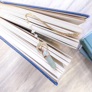 Green jade crystal bookmark with crescent moon.