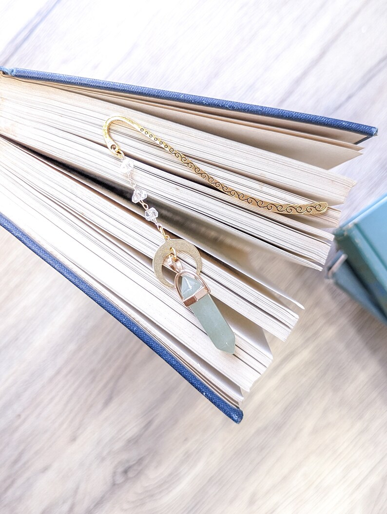Green jade crystal bookmark with crescent moon.