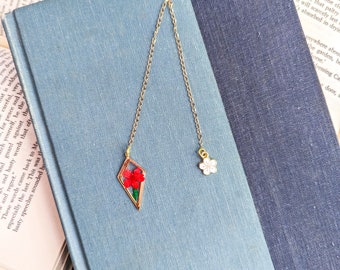 Real red Flower Gold Chain bookmark with dried pressed flower in resin and flower charm