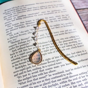 Antique Bronze  shepherd hook bookmark with glass beaded chain and opal pendant.