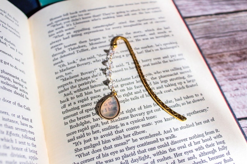 Antique Bronze  shepherd hook bookmark with glass beaded chain and opal pendant.