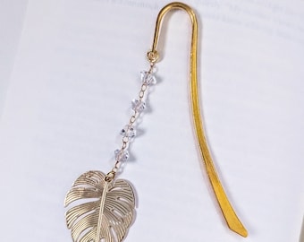 Monstera Leaf charm metal bookmark, Fairycore, Gold Metal Hook Bookmark with dangling charm, Cottagecore, deliciosa