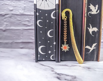 Gold Dragon Metal Hook Bookmark with boho sun charms, epic high fantasy inspired bookmark, dragon scales, bundle and save