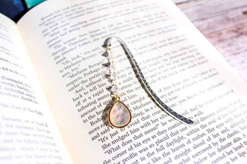 Opal Drop Cottagecore Crystal Pendant Metal Hook Bookmark with glass bead chain in Tibetan Silver, Antique Bronze, or Antique Gold Tibetan Silver