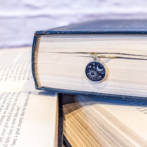 Sun Moon and Stars Metal Bookmark Teardrop page Clip, stylish gold paperclips, charm bookmarks for book club gifts, enamel celestial charm