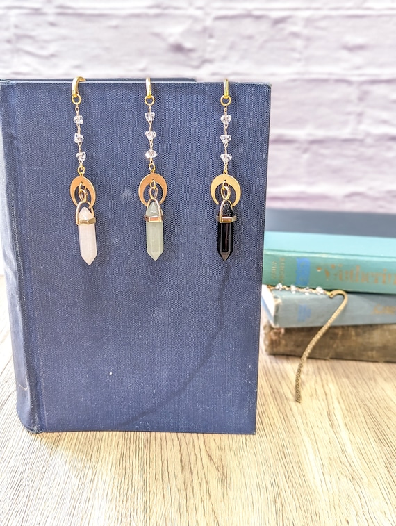 Crescent moon and Crystal Pendant Metal Hook Bookmark with glass bead chain, gold hook bookmark, crystal moon bookmark
