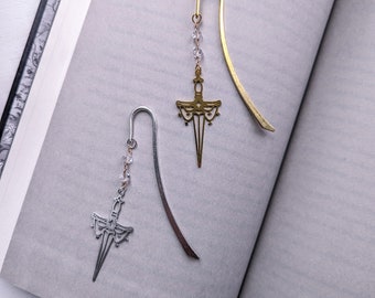 Fantasy sword charm metal bookmark, Gold or Silver Metal Hook Bookmark with dangling charm, fantasycore