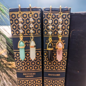 Crystal Pendant Metal Hook Bookmark with glass bead chain, bronze hook bookmark, jade, opal, rose quartz, black