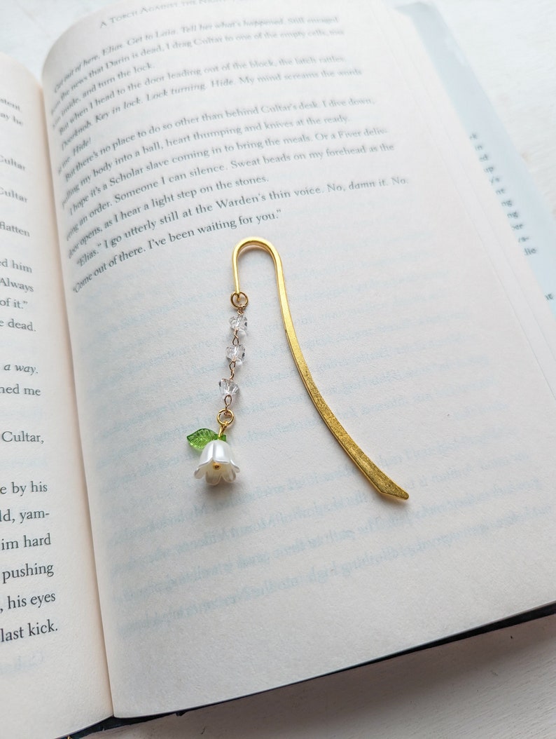 Pearl Bell Orchid Cottagecore Pendant Gold Metal Hook Bookmark with glass bead chain, delicate fairycore flower image 1