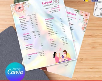 Modello di menu per salone di bellezza / listino prezzi modificabile, design Canva (download digitale)
