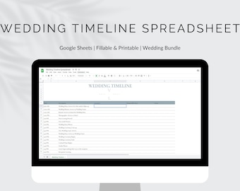 Pode incluir: Um monitor de computador exibe uma planilha de cronograma de casamento. O texto na parte superior diz "WEDDING TIMELINE SPREADSHEET". Abaixo, diz "Google Sheets | Fillable & Printable | Wedding Bundle". A planilha é organizada com colunas para hora, descrição, local, pessoa responsável e notas.
