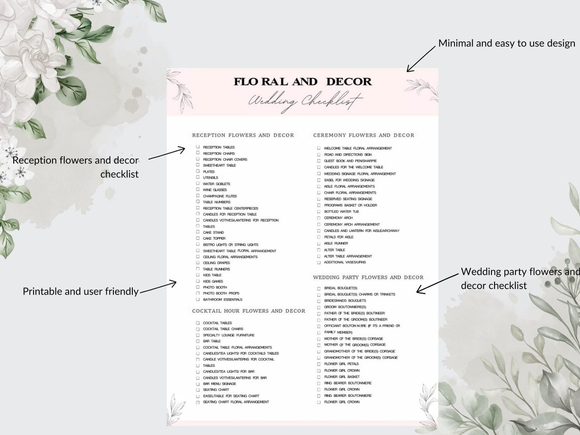 Wedding Flower Checklist Wedding Planning Checklist Fillable