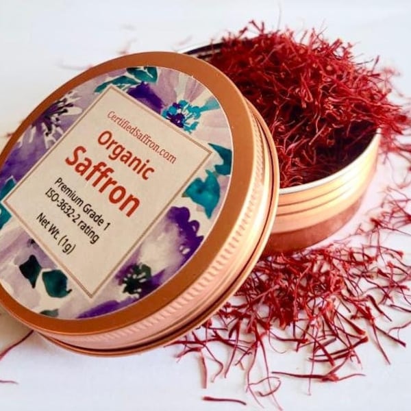 Organic Super Negin Saffron Threads, Ultra Pure, Nurtured by Hand, and Lab Tested ISO-3632-2 Grade A++ for Colour, Aroma and Taste, 1g Tin