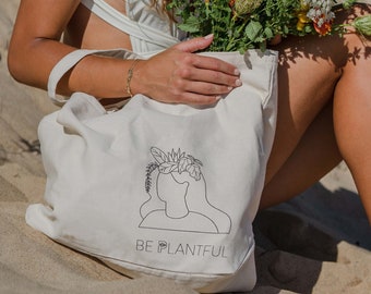 Large Tote Bag - Be Plantful, Canvas Tote with pocket, Grocery bag,Everyday bag- Organic 100% Cotton, bag with a plant print.