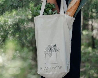 Tote Bag Medium - Plant Inside , Canvas Tote with pocket, Grocery bag,Everyday bag- Organic 100% Cotton. Tote bag with a plant print.