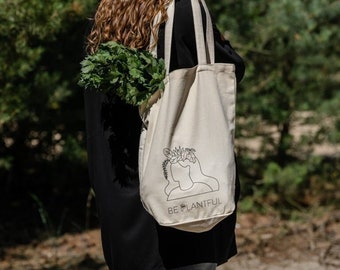 Tote Bag Medium - Be Plantful , Canvas Tote with pocket, Grocery bag,Everyday bag- Organic 100% Cotton. Tote bag with a plant print.