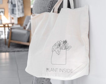 Large Tote Bag Plant Inside , Canvas Tote with pocket, Grocery bag, Everyday bag- Organic 100% Cotton, Tote bag with a plant print.