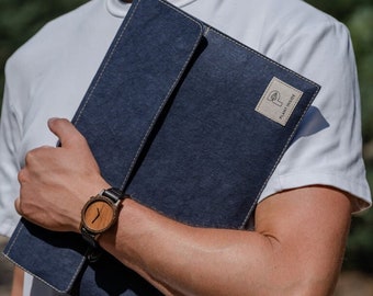 Vegan Leather Laptop Case 16" - Navy Blue, minimalist Laptop Sleeve to 16 inches - Cover for MacBook Pro, Air - Made of Washable Craft Paper