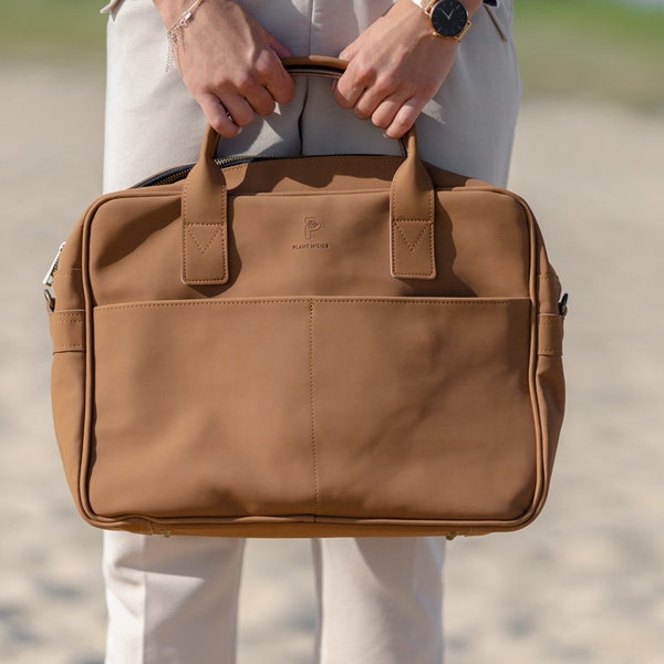 Valigetta per laptop in pelle vegana di mais - Marrone, borsa per laptop da ufficio da 15", borsa per notebook - perfetta come borsa da lavoro, borsa da lavoro - borsa a tracolla