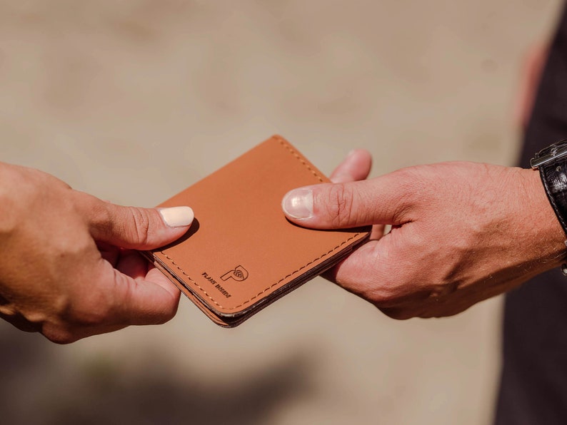 Vegan Corn Leather Wallet Cognac Minimal Card Holder Small bifold wallet Handcrafted Luxury Wallet Gift for her, Gift for him image 2