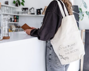 Tote Bag Medium - The Plant Side of the Moon , Canvas Tote with pocket, Grocery bag,Everyday bag- Organic 100% Cotton, with a plant print.